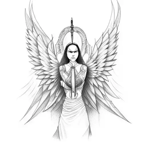 A tattoo design depicting a weary but strong female angel warrior tattoo design idea