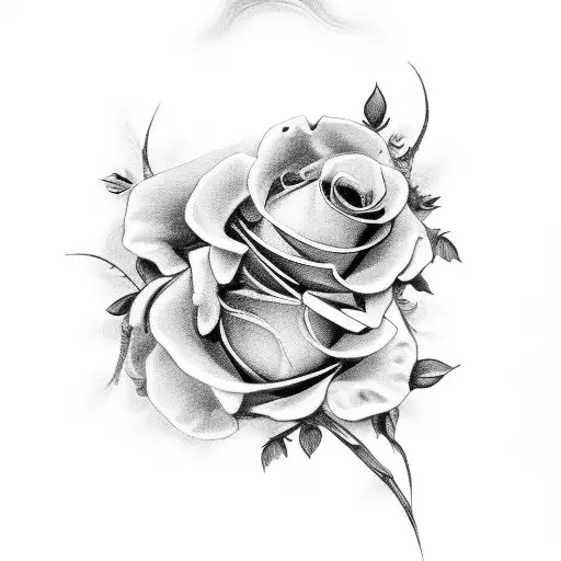 A mesmerizing black and grey tattoo depicting a sorrowful angel with a bouquet of wilted roses tattoo design idea