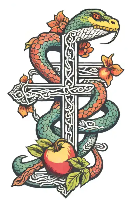 snake around a cross with an apple in his mouth open tattoo design idea
