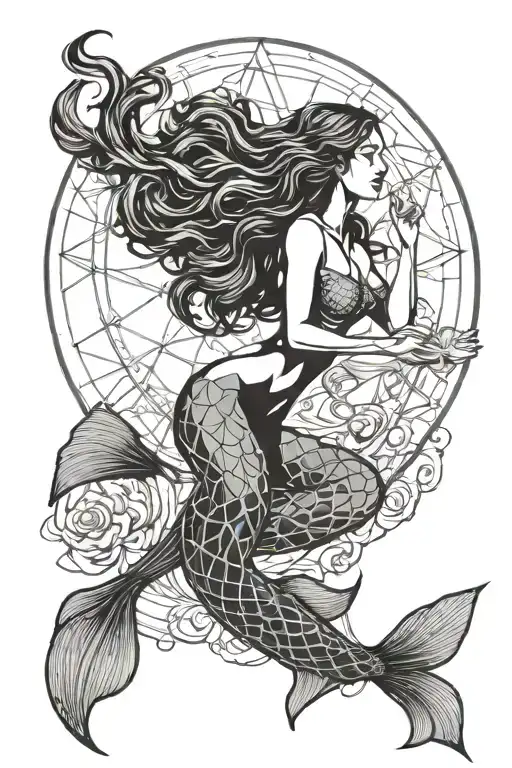 A mystical mermaid casting a spell under a full moon tattoo design idea