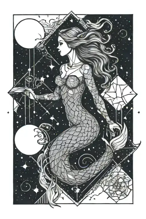 A magical mermaid casting spells under the night sky tattoo design idea