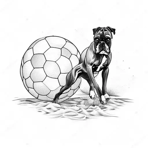 A boxer dog playing soccer on the beach with a sunset in the background tattoo design idea