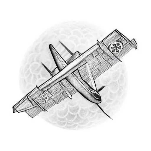 An airplane flying over a soccer stadium with musical notes trailing behind tattoo design idea