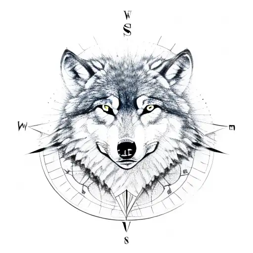 compass with a wolf tattoo design idea