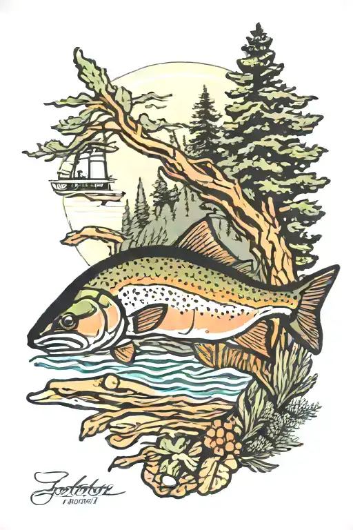 brook trout, lighthouse, eastern pine trees tattoo design idea