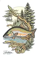 brook trout, lighthouse, eastern pine trees tattoo design idea