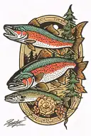 brook trout, lighthouse, eastern pine trees tattoo design idea