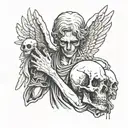 The figure of an angel holding a human skull in his hands, the angel is sad and cries, tattoo design idea