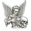 The figure of an angel holding a human skull in his hands, the angel is sad and cries, tattoo design idea