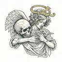 The figure of an angel holding a human skull in his hands, the angel is sad and cries, tattoo design idea