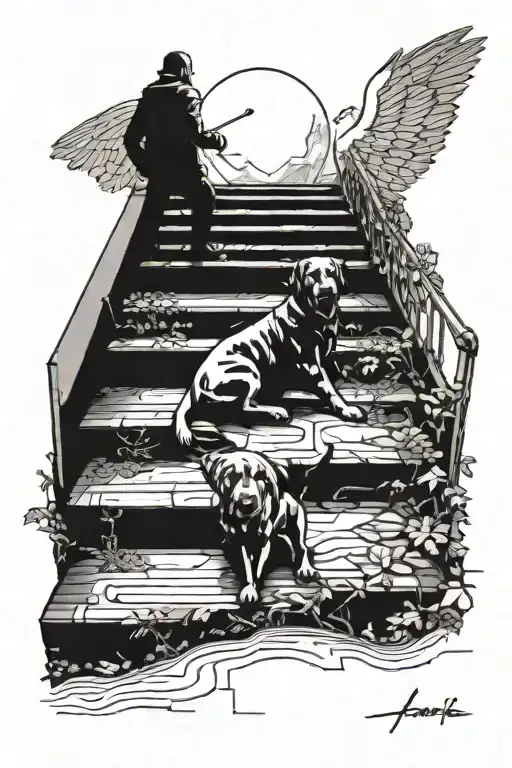 Stairs to Heaven with bright shine. On the stairs are my father, my cousin and my dog a sharp pei. tattoo design idea