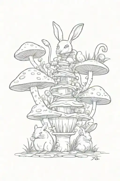 Alice in wonderland caterpillar mushroom white rabbit tattoo design idea