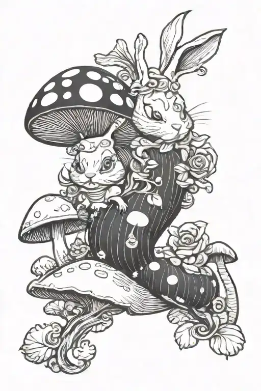 Alice in wonderland caterpillar mushroom white rabbit tattoo design idea