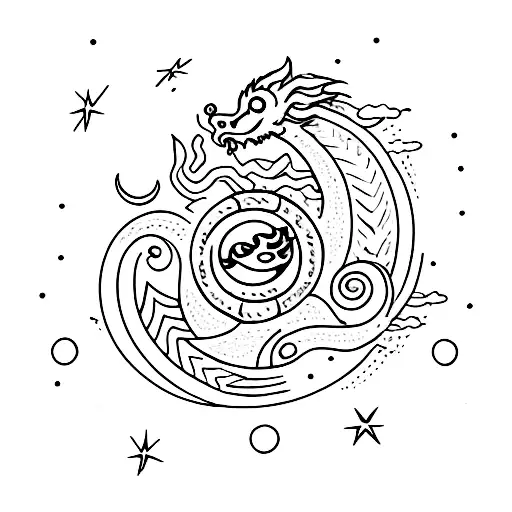 small dragon with a sun and a moon surrounding and stars tattoo design idea