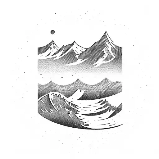 mountain background and waves in foreground with silhouette of runner  tattoo design idea