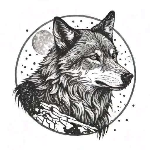 A wolf silhouette against a full moon tattoo design idea