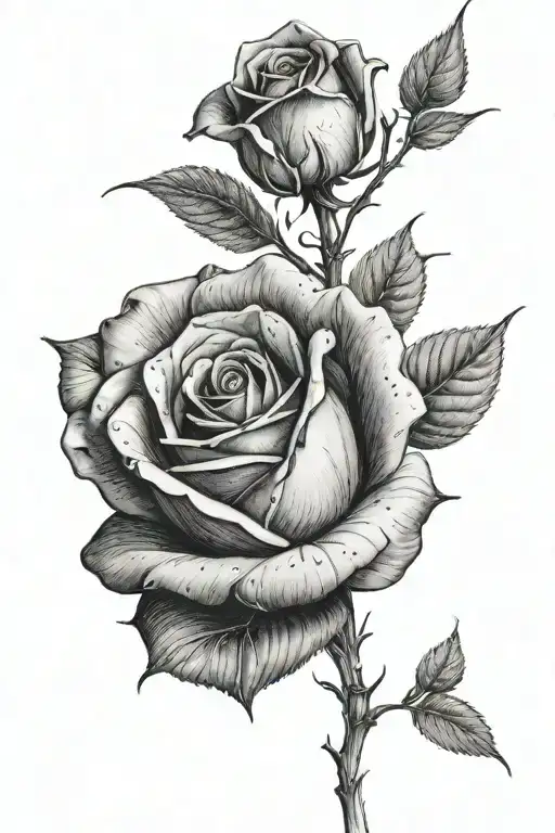 A black-grey tattoo of a realistic rose with the name Ace subtly incorporated into the petals for a sophisticated and elegant look tattoo design idea