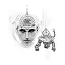 A dotwork tattoo depicting Ansh and Aryan surrounded by futuristic AI technology tattoo design idea