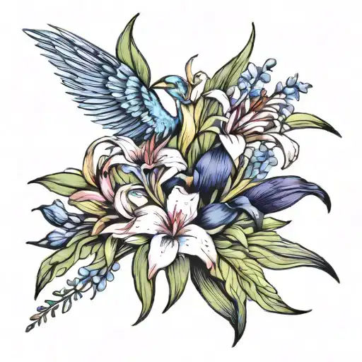 flower bouquet bird of paradise, lily, delphinium, iris tattoo design idea