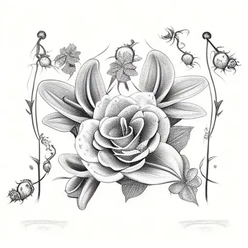 A bouquet of lily of the valley and venus flytraps wrapped in poison ivy and poison oak vines tattoo design idea