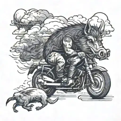 A surreal scene of a wild hog with a lazy eye leading a pack of motorcycles through a stormy sky tattoo design idea