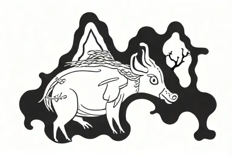 A surreal scene of a wild hog with a lazy eye leading a pack of motorcycles through a stormy sky tattoo design idea