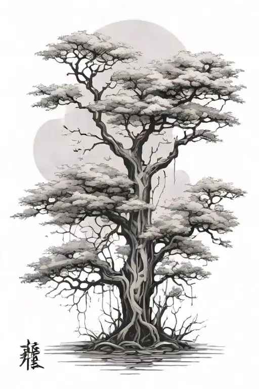 Black and white dreamy cypress Tree growing with a couple branches and misty tattoo design idea