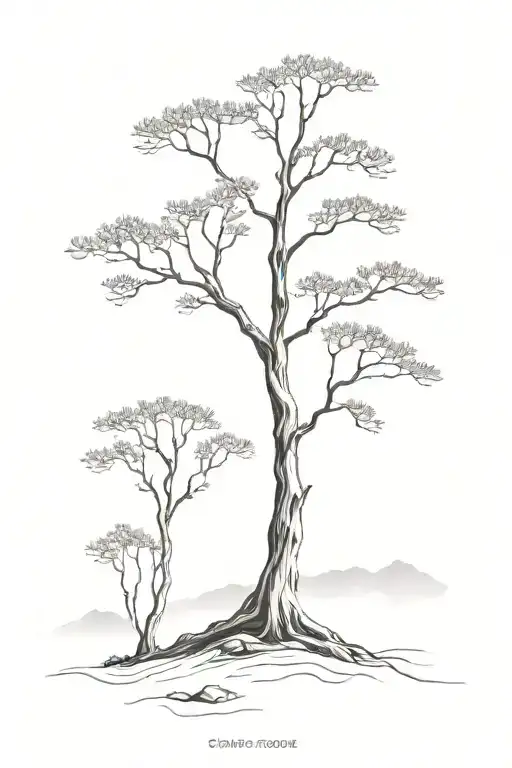  2 Black and white dreamy cypress Tree growing with a couple branches and misty tattoo design idea