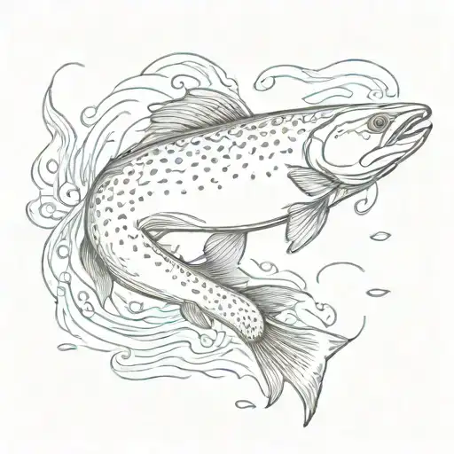A sketch of a majestic salmon swimming upstream, with the client's wife's initials subtly hidden within the scales of the fish tattoo design idea