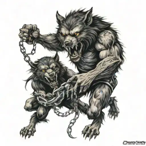 A werewolf and cerberus locked in a fierce battle, chained together with nails, surrounded by a horror movie scene tattoo design idea