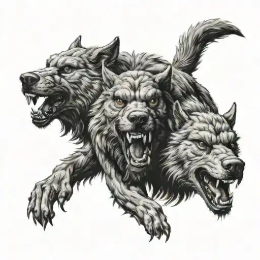 three head cerberus werewolf, very detailed, horror tattoo design idea