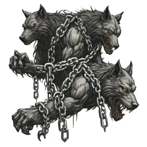 An abstract design of werewolf and cerberus silhouettes entwined by chains and nails, creating a haunting horror movie vibe tattoo design idea