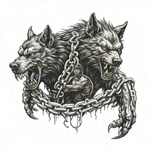 A detailed portrait of a werewolf and cerberus merging into one creature, surrounded by chains and nails, in a horror movie setting tattoo design idea