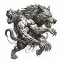 A werewolf and cerberus locked in a fierce battle, chained together with nails, surrounded by a horror movie scene tattoo design idea