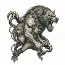 A werewolf and cerberus locked in a fierce battle, chained together with nails, surrounded by a horror movie scene tattoo design idea