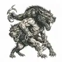 A werewolf and cerberus locked in a fierce battle, chained together with nails, surrounded by a horror movie scene tattoo design idea
