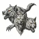 three head cerberus werewolf, very detailed, horror tattoo design idea