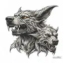 three head cerberus werewolf, very detailed, horror tattoo design idea