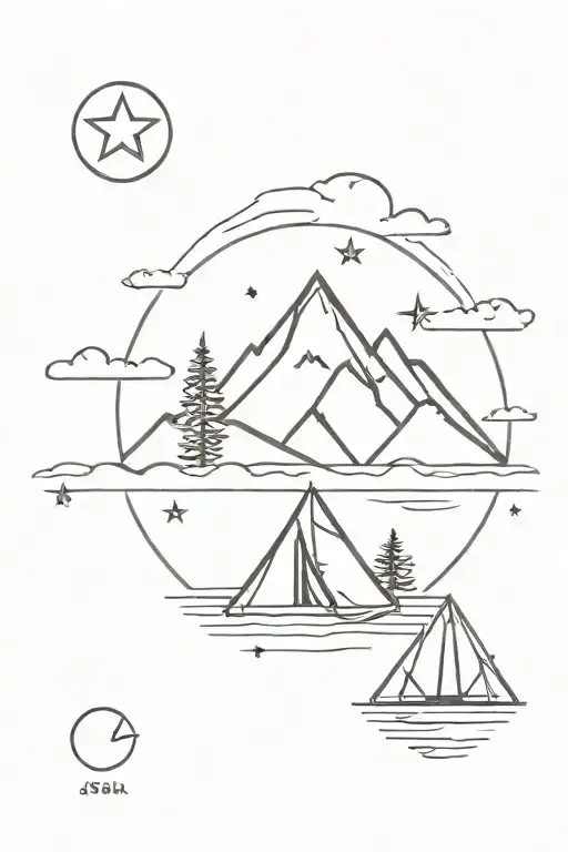 A small minimalistic design with sun, moon, stars, mountain, sea waves and a boy with tent tattoo design idea
