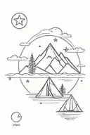 A small minimalistic design with sun, moon, stars, mountain, sea waves and a boy with tent tattoo design idea