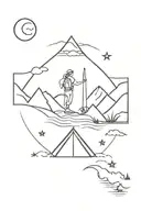 A small minimalistic design with sun, moon, stars, mountain, sea waves and a boy with tent tattoo design idea