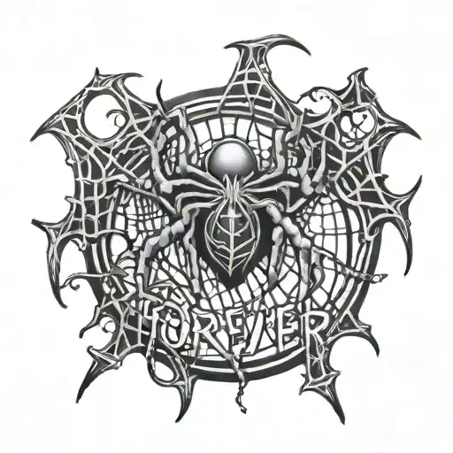 Spider hanging from text "Forever" with cobwebs on the text tattoo design idea