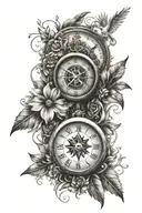 clock face with a compass with an eye that has flowers and doves tattoo design idea