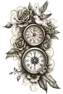 clock face with a compass with an eye that has flowers and doves tattoo design idea