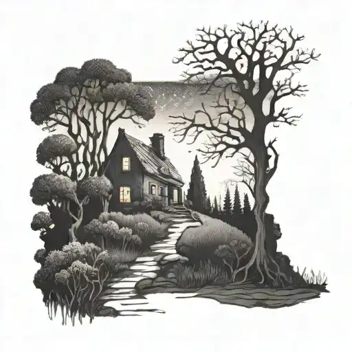 A dotwork tattoo of a forest path leading to a haunted house with a ghostly figure playing a guitar tattoo design idea