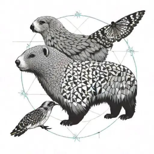 3 animals playing. 1 marmot. 1 butterfly. 1 albatross- tattoo design idea