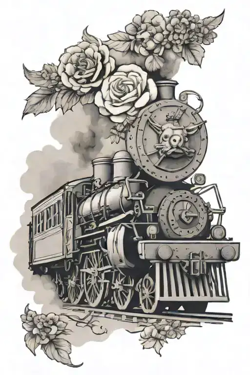 steam train with highland cow and December and June birth flower bouquet  tattoo design idea
