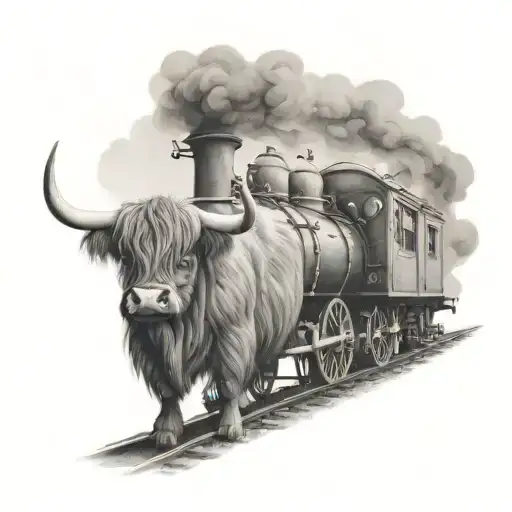 steam train and highland cow tattoo design idea