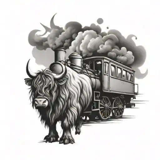 steam train and highland cow tattoo design idea