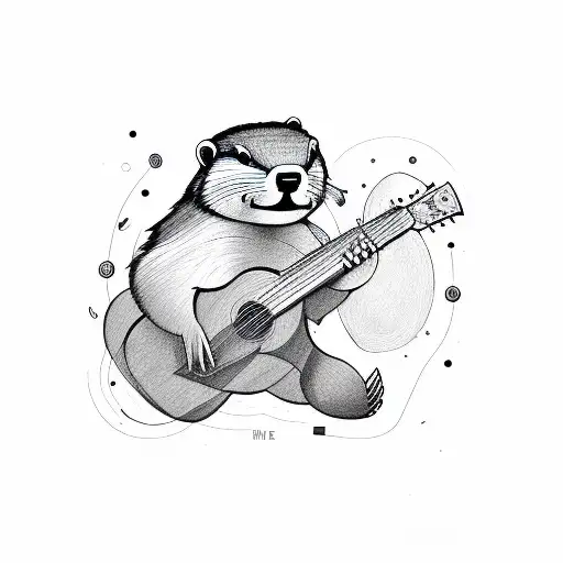A beaver playing a guitar with a background of shooting targets and military planes flying overhead tattoo design idea